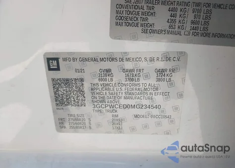 2021 Chevrolet Silverado 1500 2Wd Short Bed Lt z USA, uszkodzony, nr VIN 3GCPWCED0MG234540